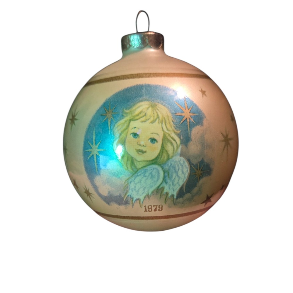Vintage 1979 House of Goebel Angel Christmas Ornament Satin Iridescent Glass